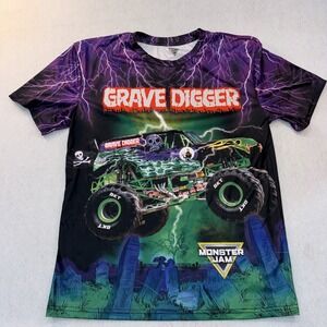 Monster Jam Grave Digger Lightning T-Shirt Size 18/20 All Over Print Graphic Tee